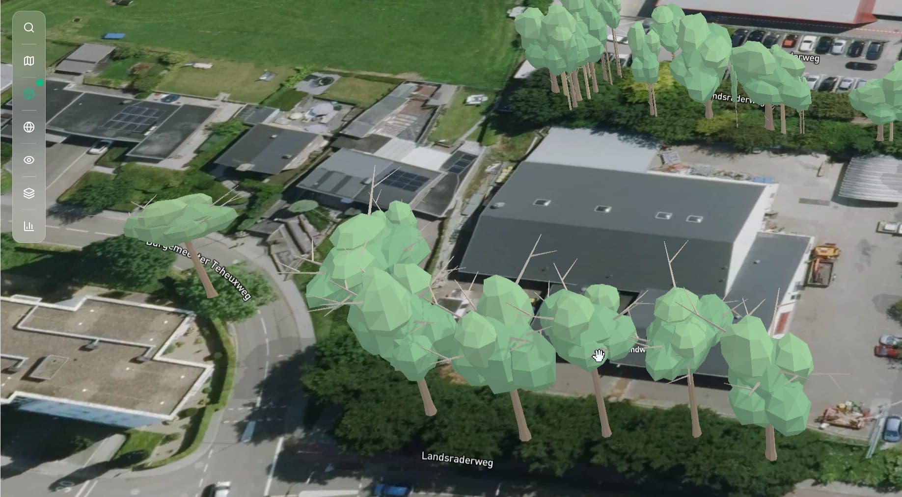 3D-weergave van een geïnventariseerd bomenbestand in het beheersysteem